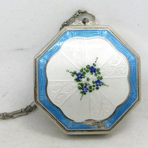Antique E.A.M. Guilloche Enamel Ladies Mirrored Powder Compact